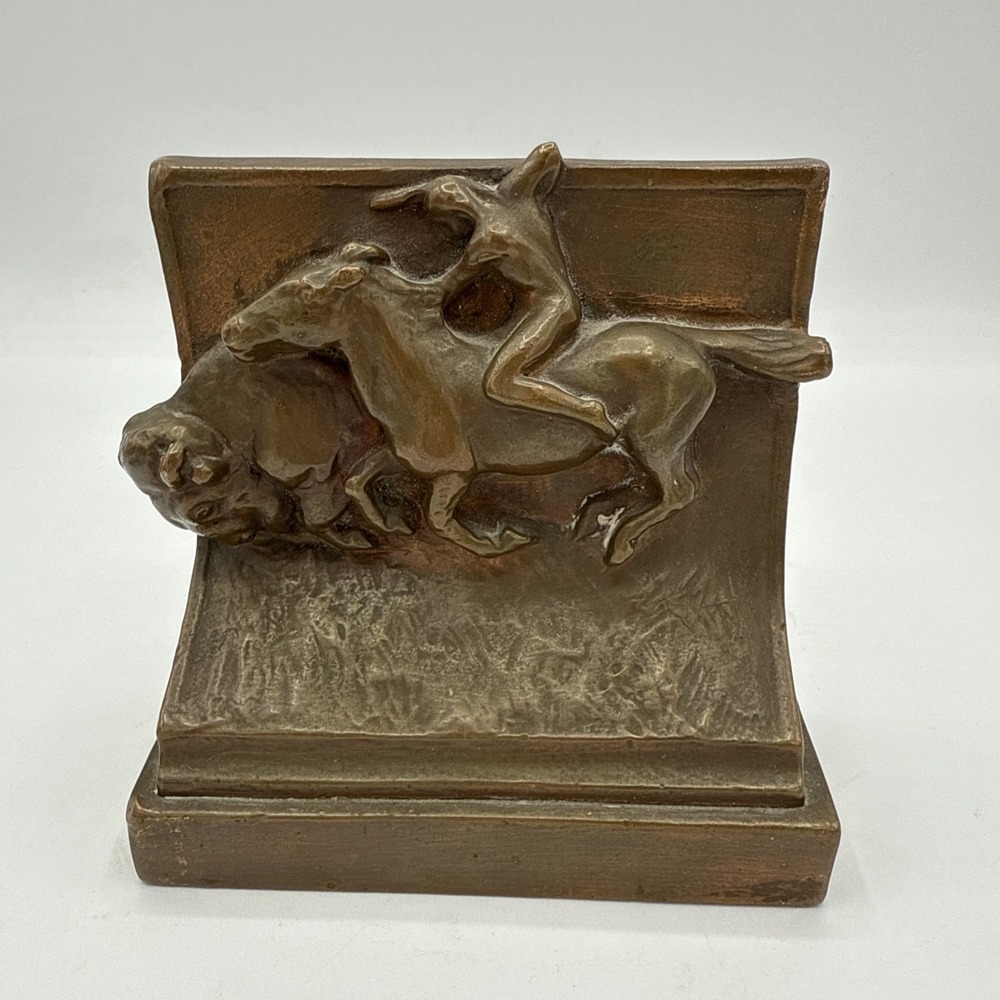 Buffalo Hunt 1 Bookend Copper Native American Horse Equestrian Western 1930s